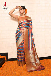 Tanchoi Banarasi Handloom Saree With Contemporary Stripe Pattern Design